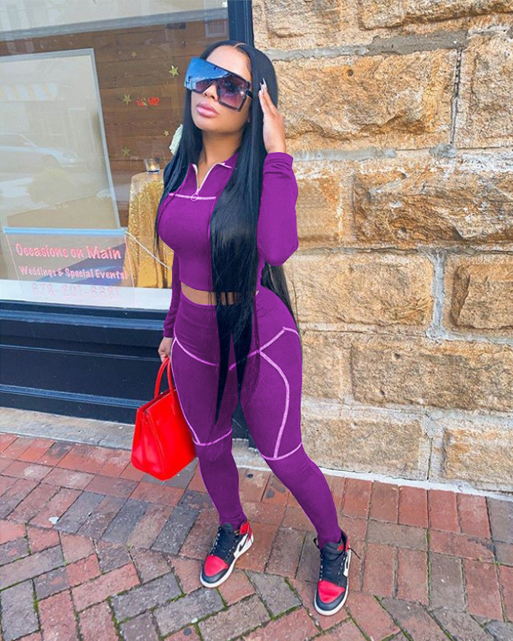 Women Casual Line Sport Long Sleeve Top and Pant Two-Piece Set 3