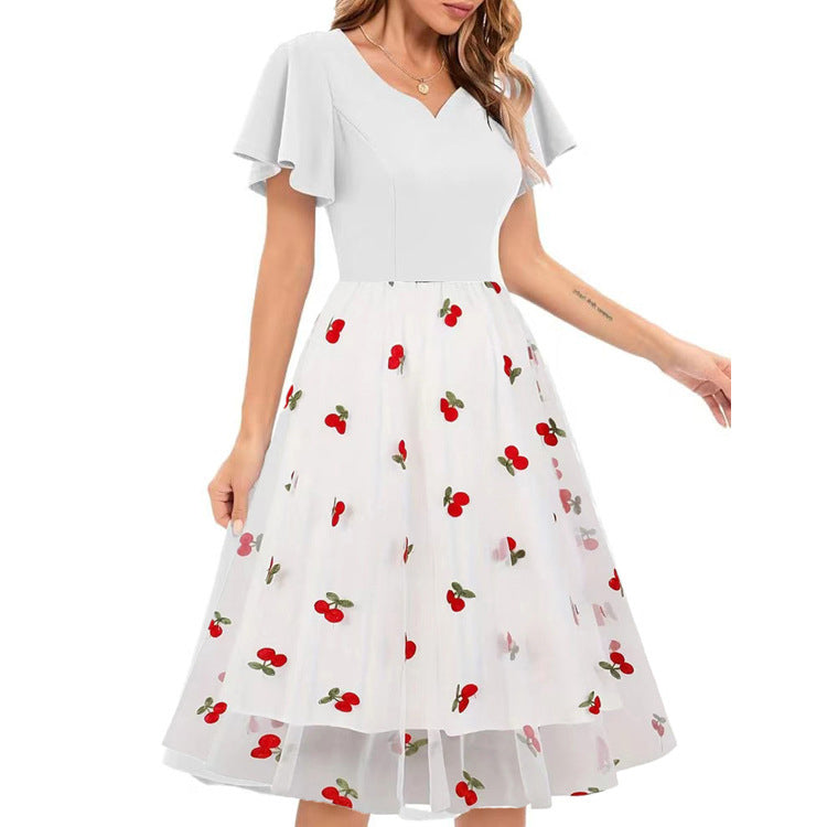 Summer Wear Embroidered Mesh Patchwork Midi A-Line Dress Women's Clothing