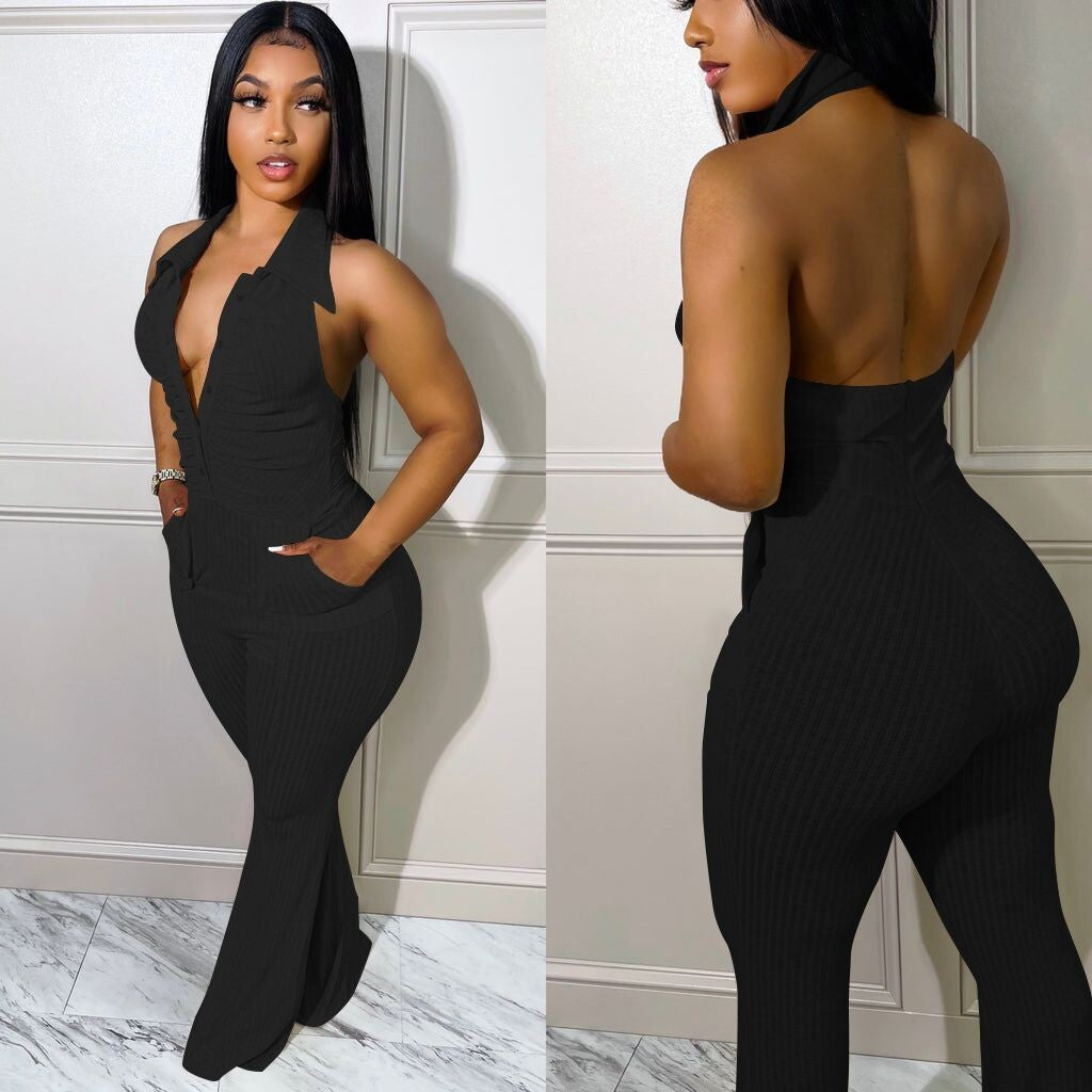 Women's Solid Color Sexy Low Back Halter Neck Turndown Collar Jumpsuit 6