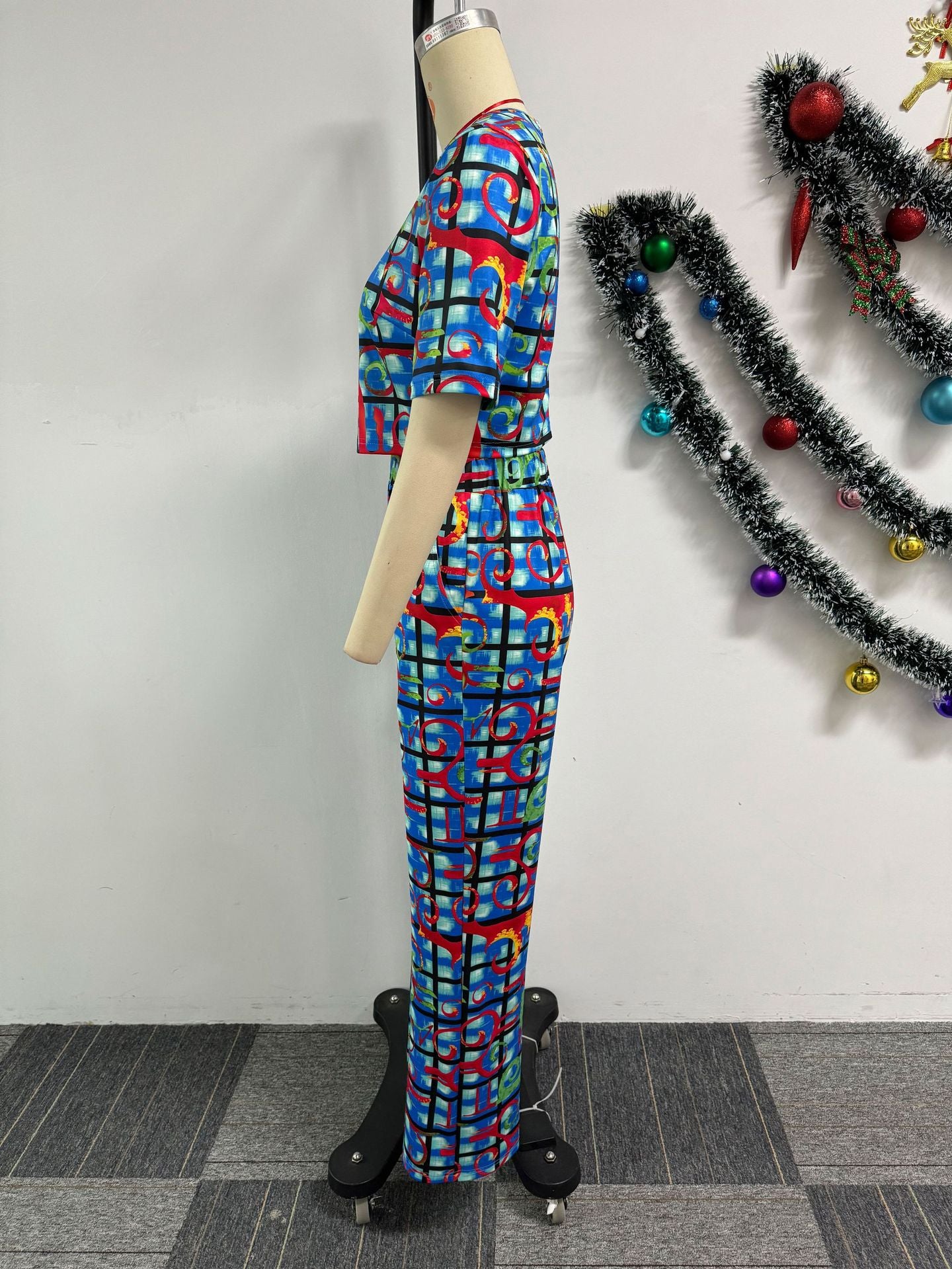 Women Sexy Printed Wide-Leg Stretch Crop Top Two-piece Set 13