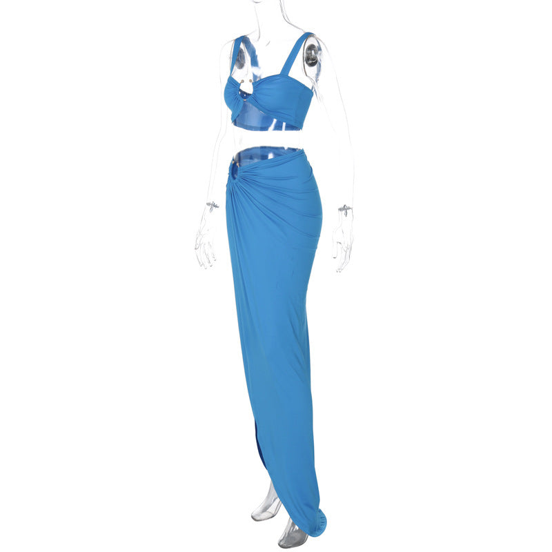 Women's Spring Sexy Strap Croo Top Slim Pleated Slit Skirt Two Piece Set 10