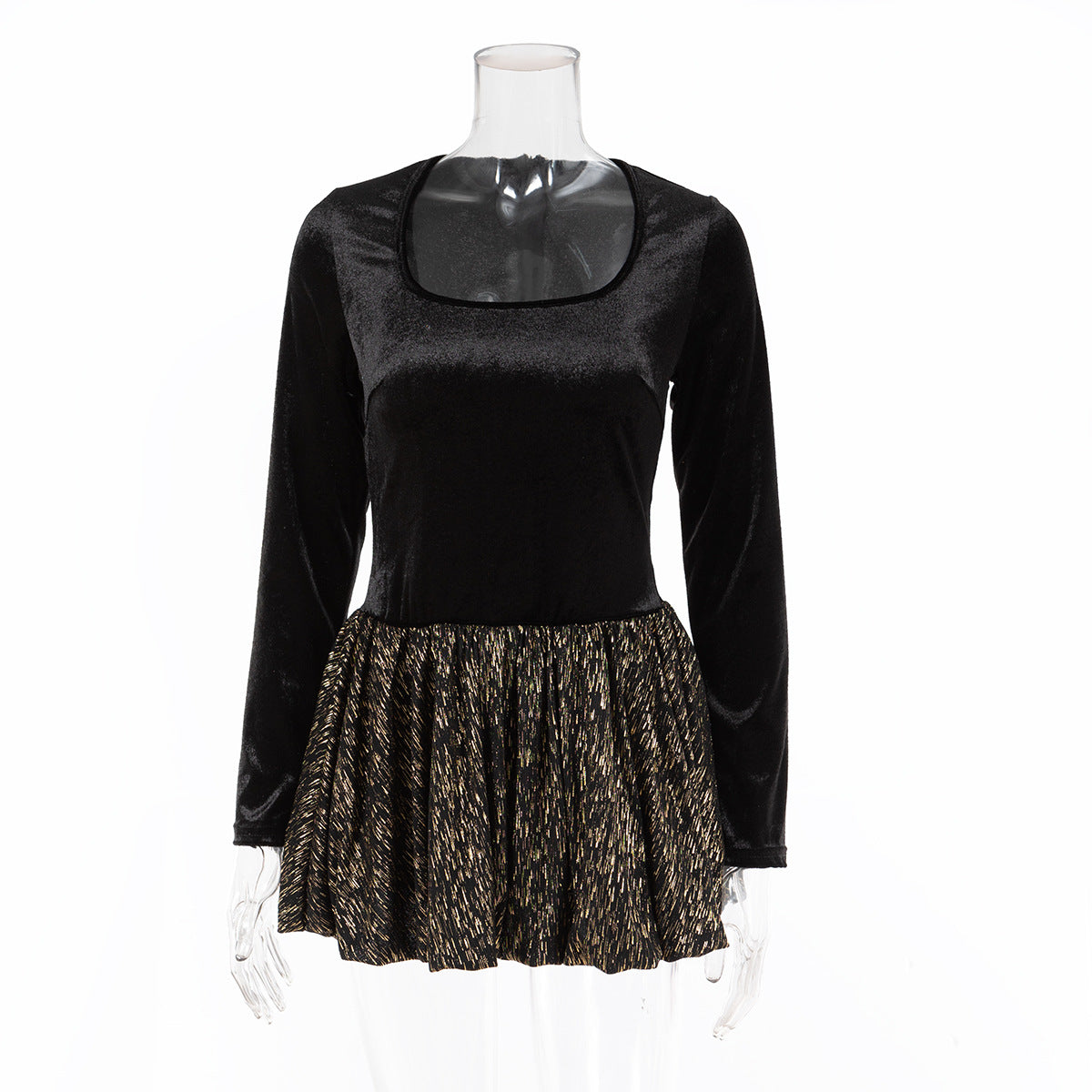 Women U-Neck Velvet Patchwork Shiny Texture High Waist Bubble Dress 9