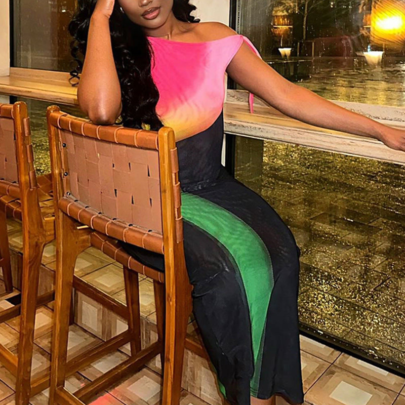 Women Colorblock Lace Off Shoulder Slash Shoulder Dress 3