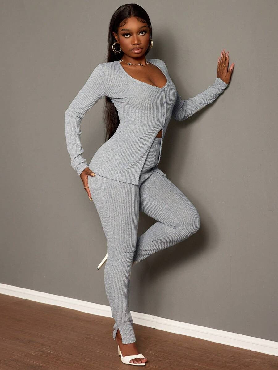 Women Long Sleeve Ribbed Casual V-Neck Top and Pants Two Piece 4