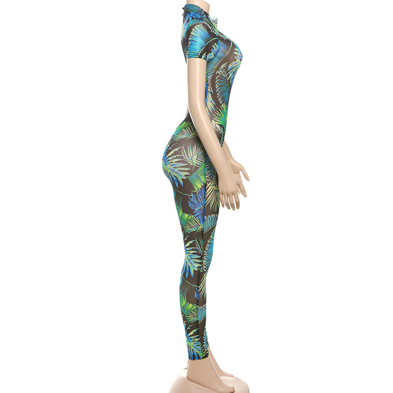 Women summer Women sexy Backless print See-Through Mesh Jumpsuit 13