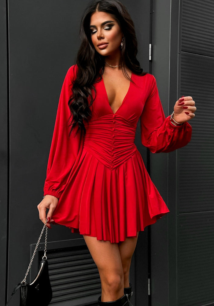 Women Red V Neck Lantern Sleeve Dress