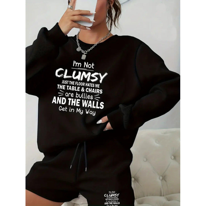 Women Round Neck Long Sleeve Top and Shorts Casual Two-piece Set