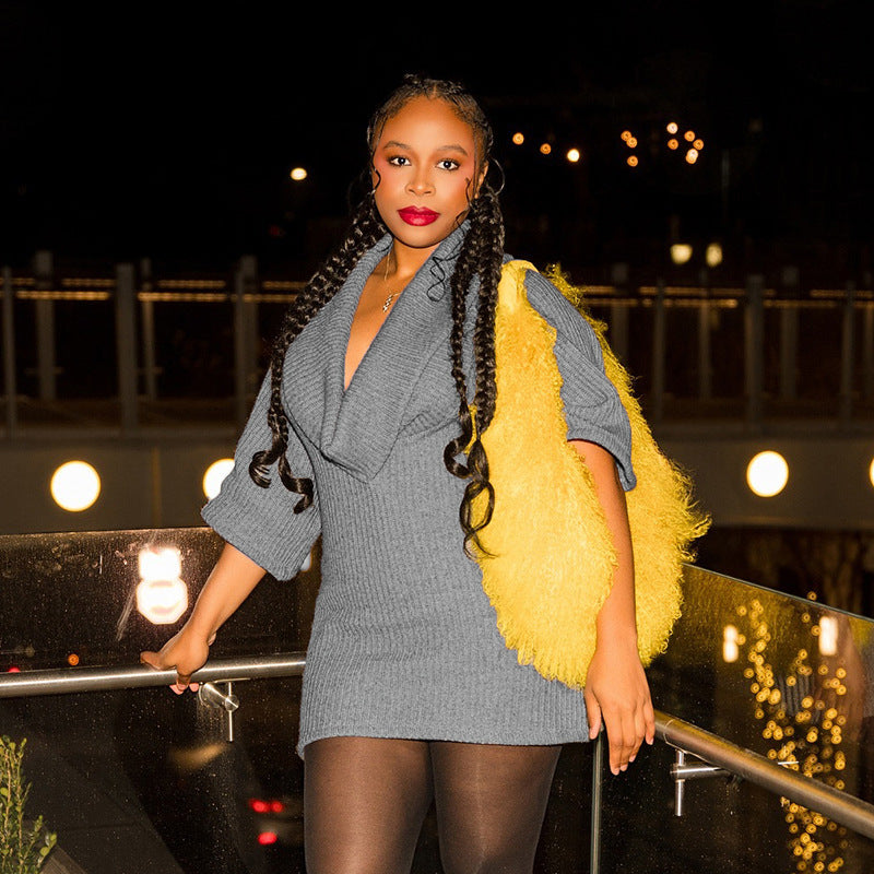 Women's Autumn & Winter Solid Color Casual Loose Cowl Neck Knitted Mid-Long Sleeve Dress 3