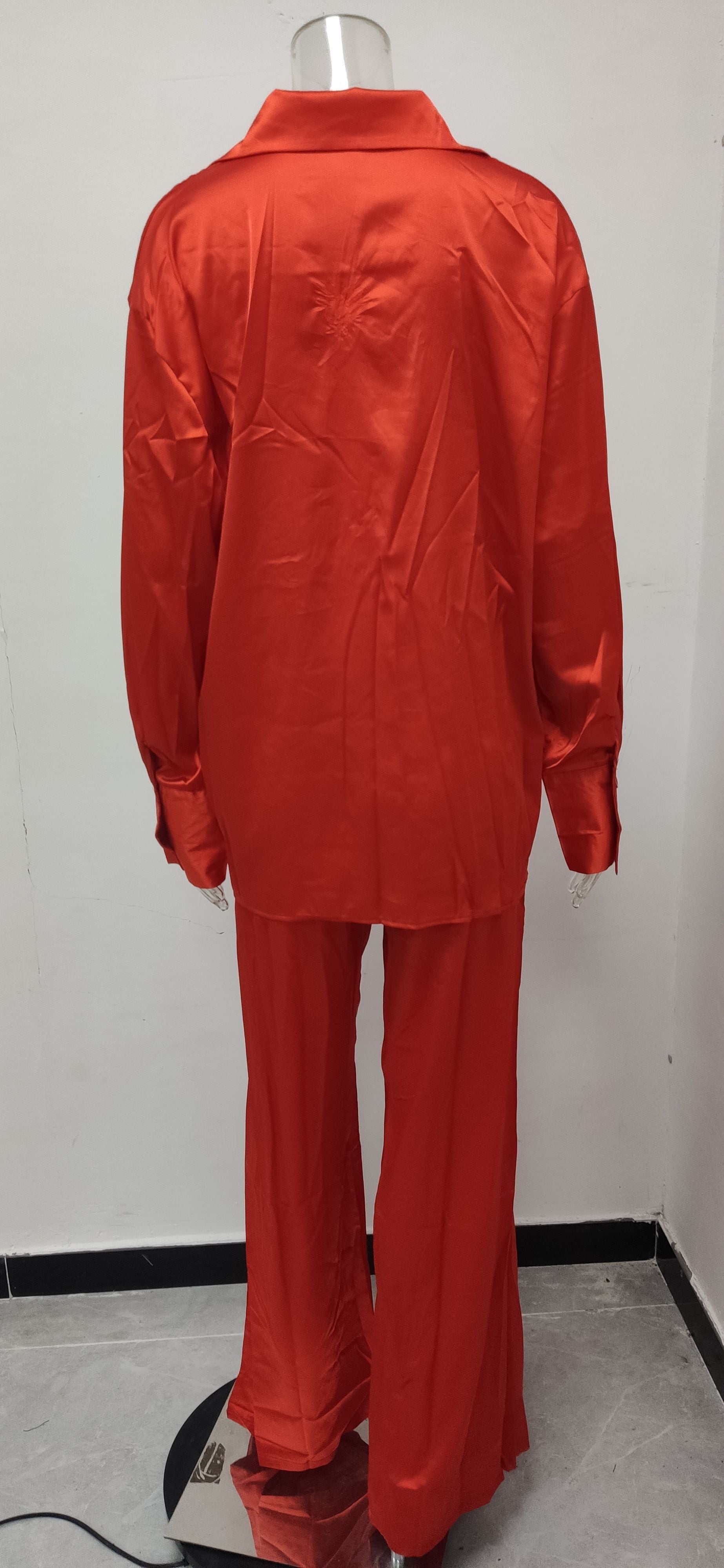 Solid Color Satin Long Sleeve Casual Two Piece Pants Set Trendy Lounge Wear 30