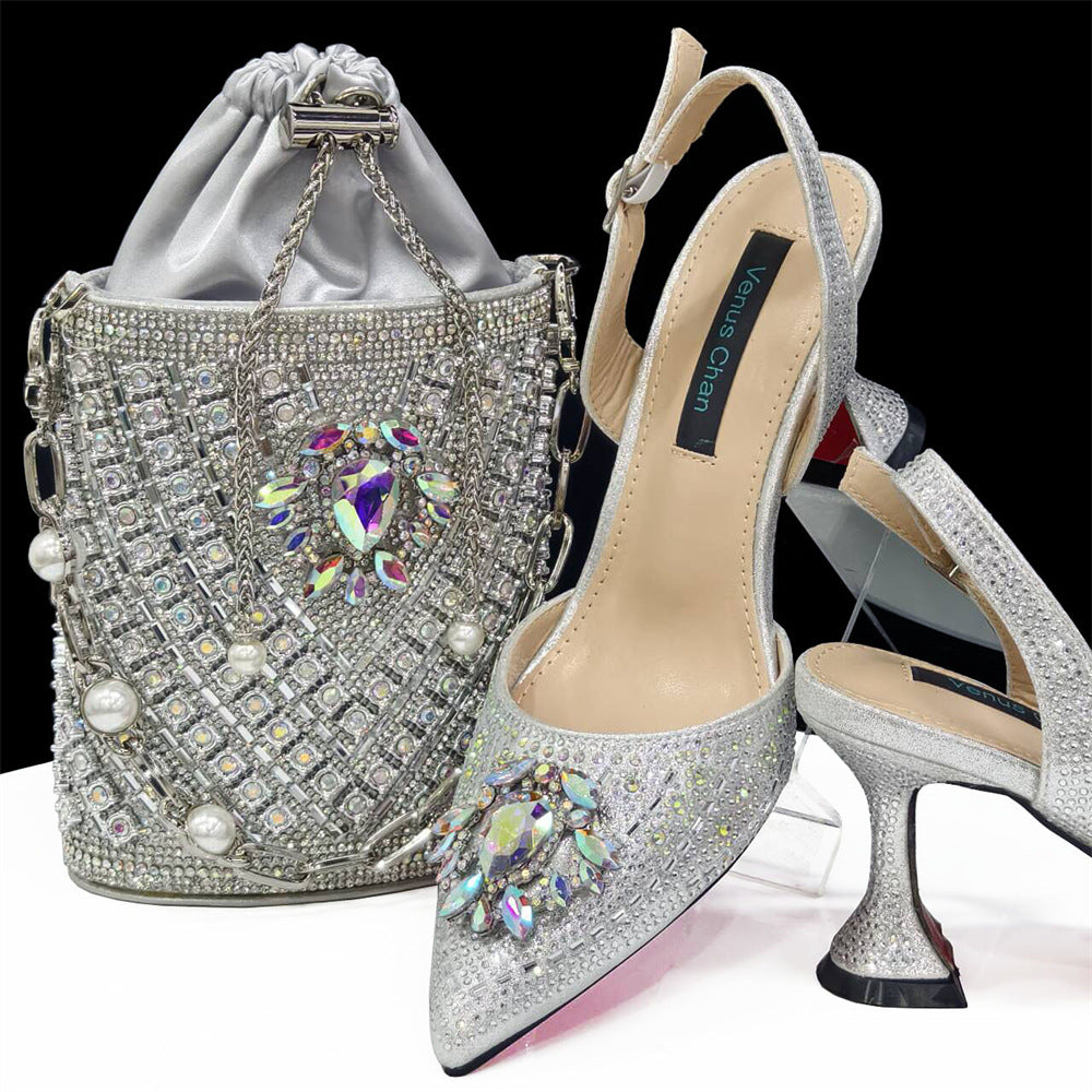 African Shoe And Bag Set Combination Pointed-Toe Ladies' Plus Size High-Heeled Wedding Shoes With Bucket Bags 3