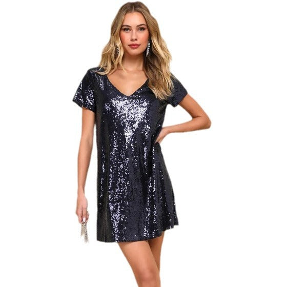 Fashionable v-neck short-sleeved Casual sequined party dress for women 7