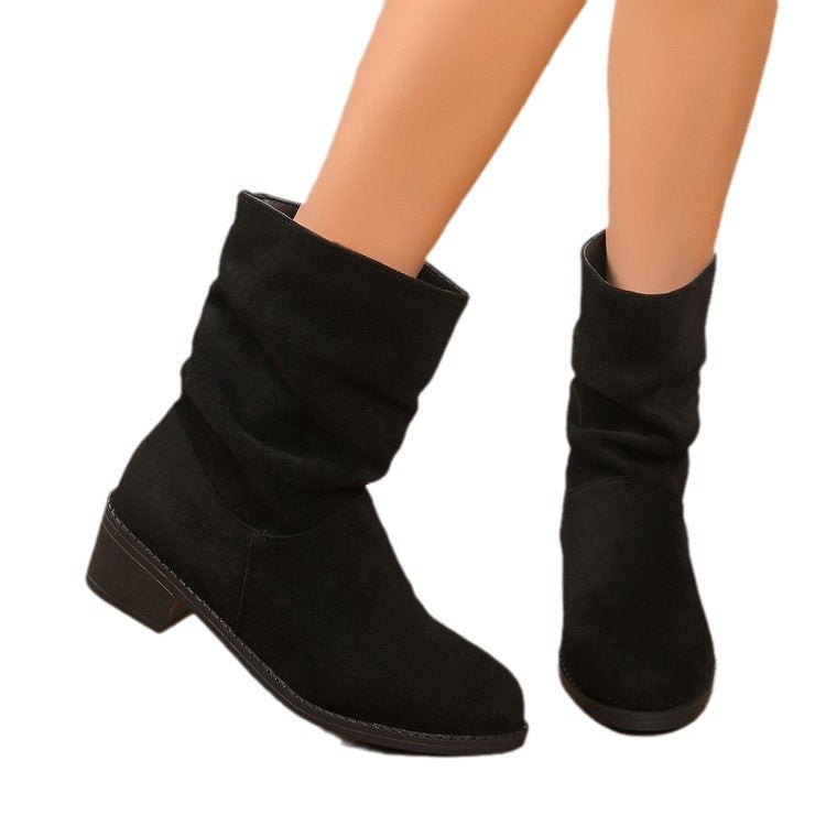 Women Winter Plush Thick Heel Pleated Knight Boots 7
