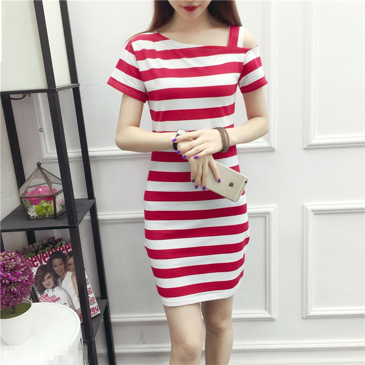 Women Slash Shoulder Striped Suspender Sexy Dress 4