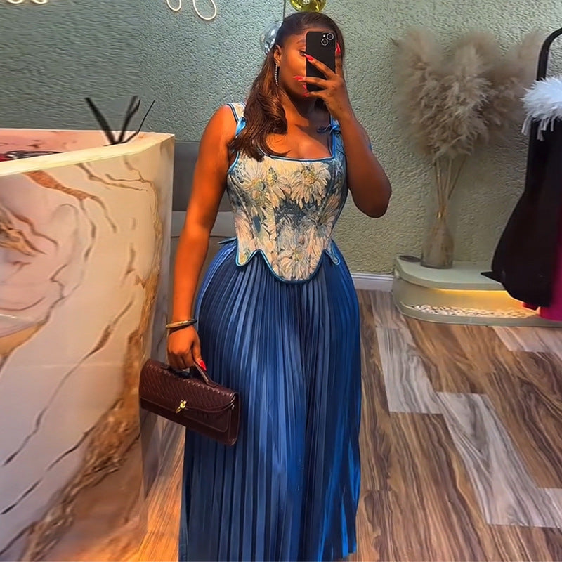 Women's Summer Sweet Print Slim-Waist Vest & High-Waist Pleated Skirt Two Piece Set 6