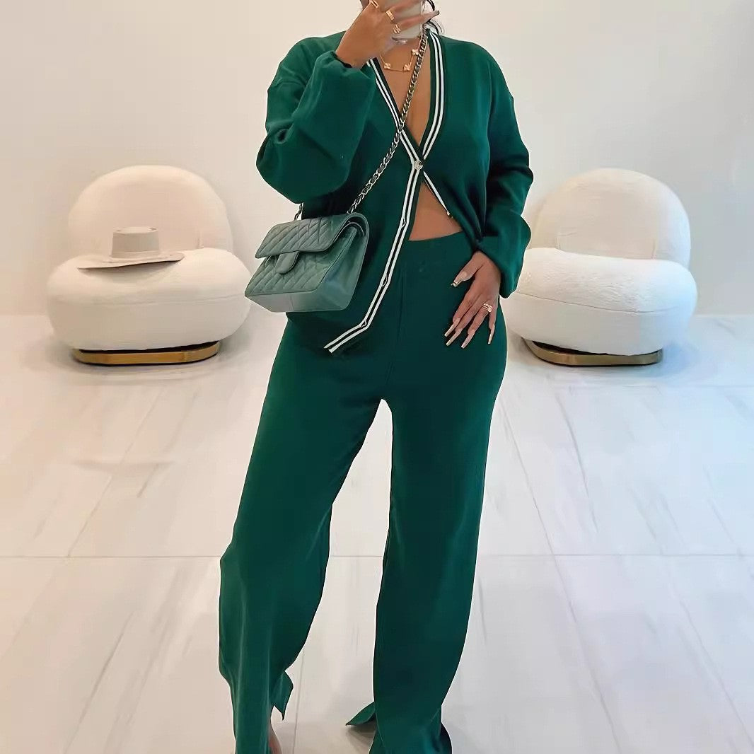 Women Solid Knitting Jacket and Casual Pant Two-piece Set 3