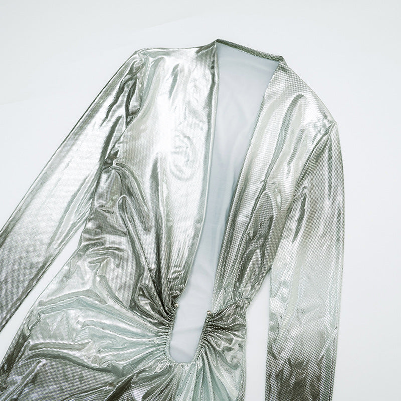 Women Glossy V-Neck Slit Ribbon Dress 10