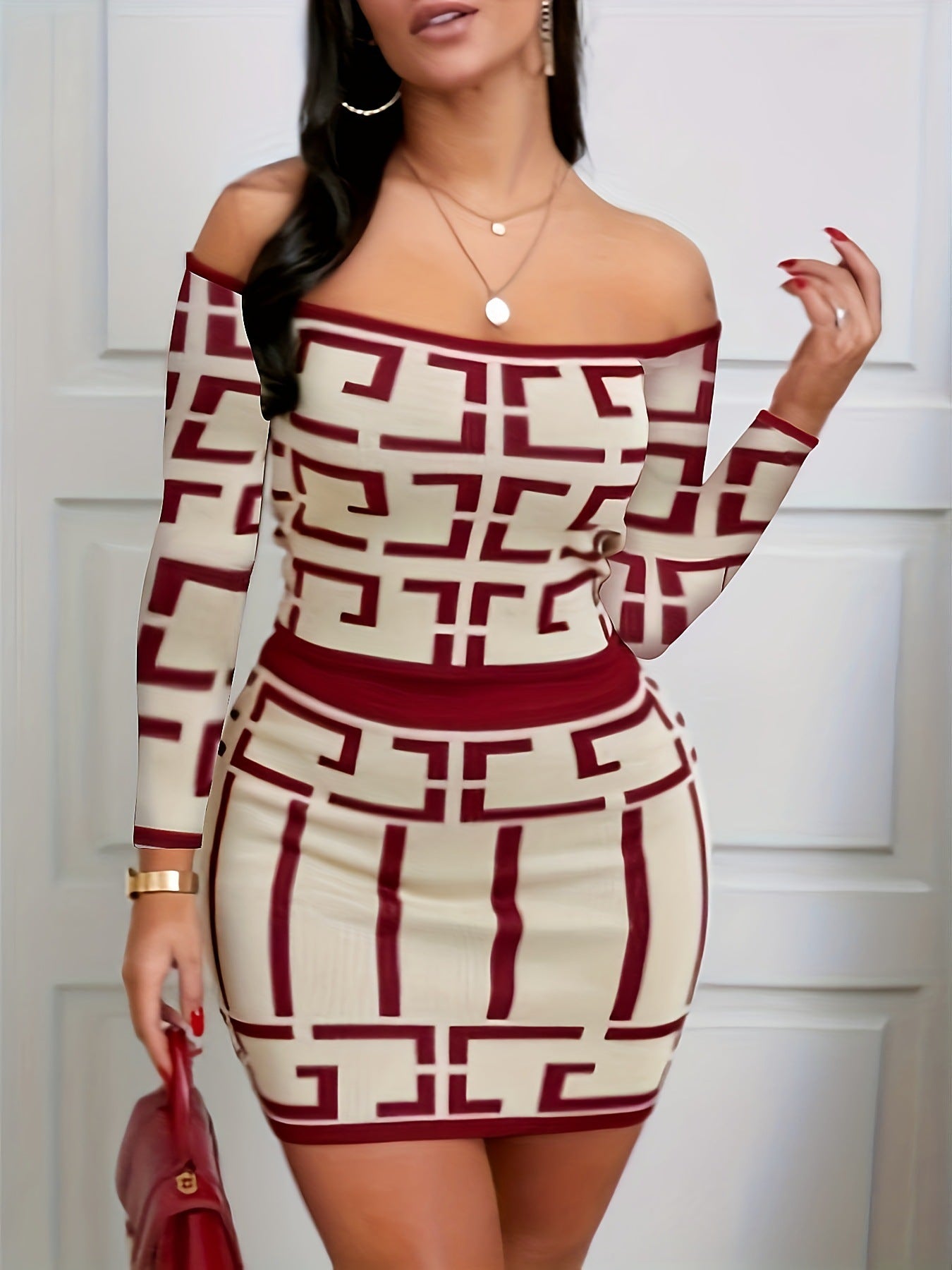 Sexy Geometric Print Casual Long-Sleeved Top And Skirt Two-Piece Set For Women 13