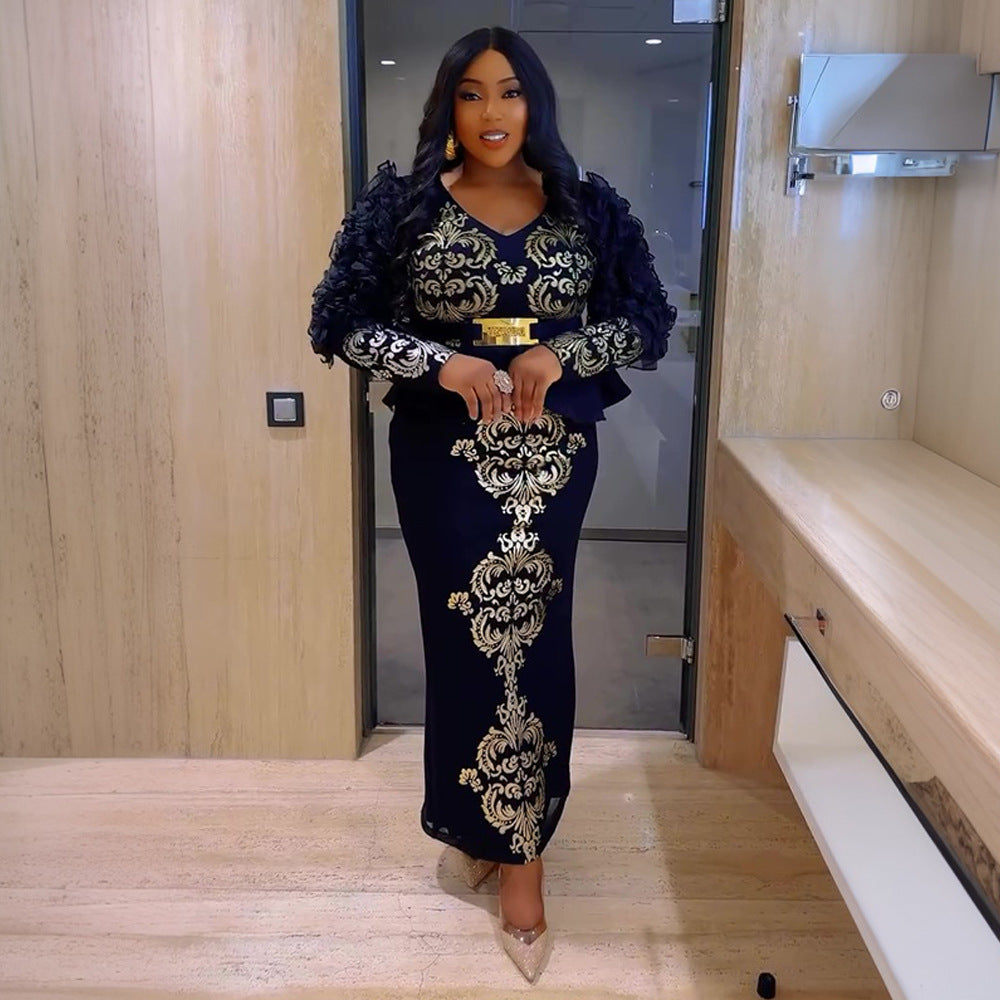 Plus Size African Women Beaded beaded v-neck dress 4