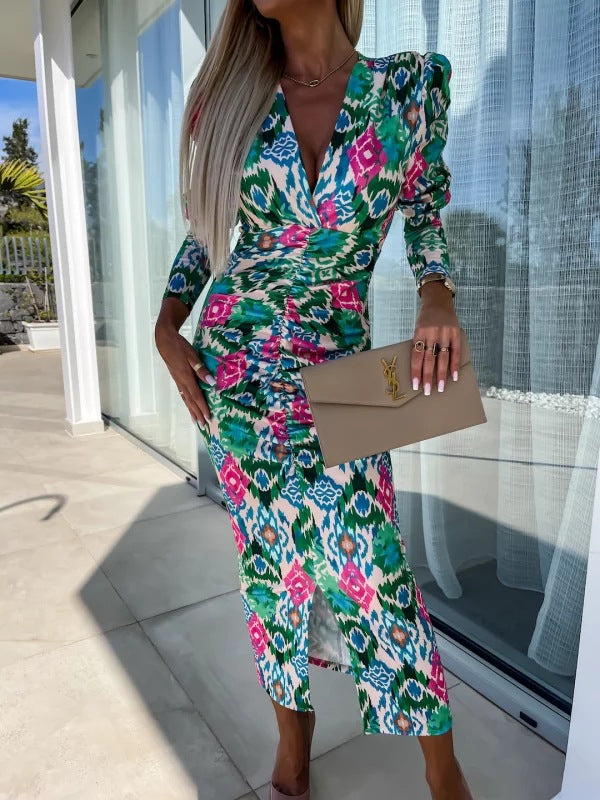 Women Spring Puff Long Sleeve Slit V Neck Print Dress 3