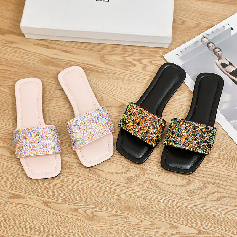 Plus Size Soft Sole Slippers Women Summer Outdoor Wear Flat Sequined Flip Flop Square Toe Flat Sandals and Slippers 12