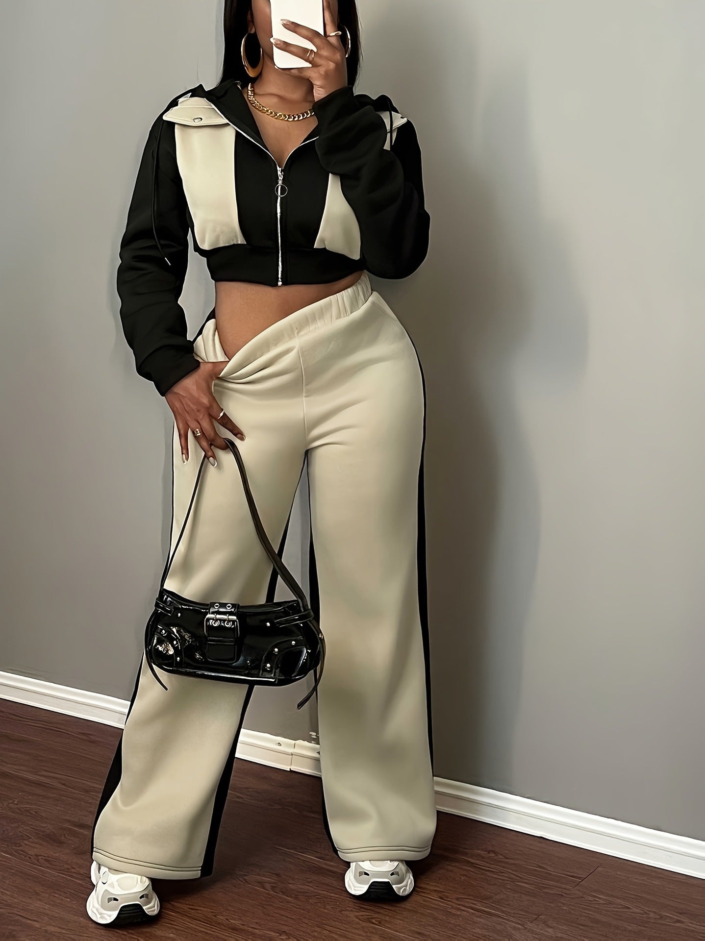 Autumn Winter Color Block Hooded Hoodie with Straight Leg Pants Trendy Women Two-Piece Set