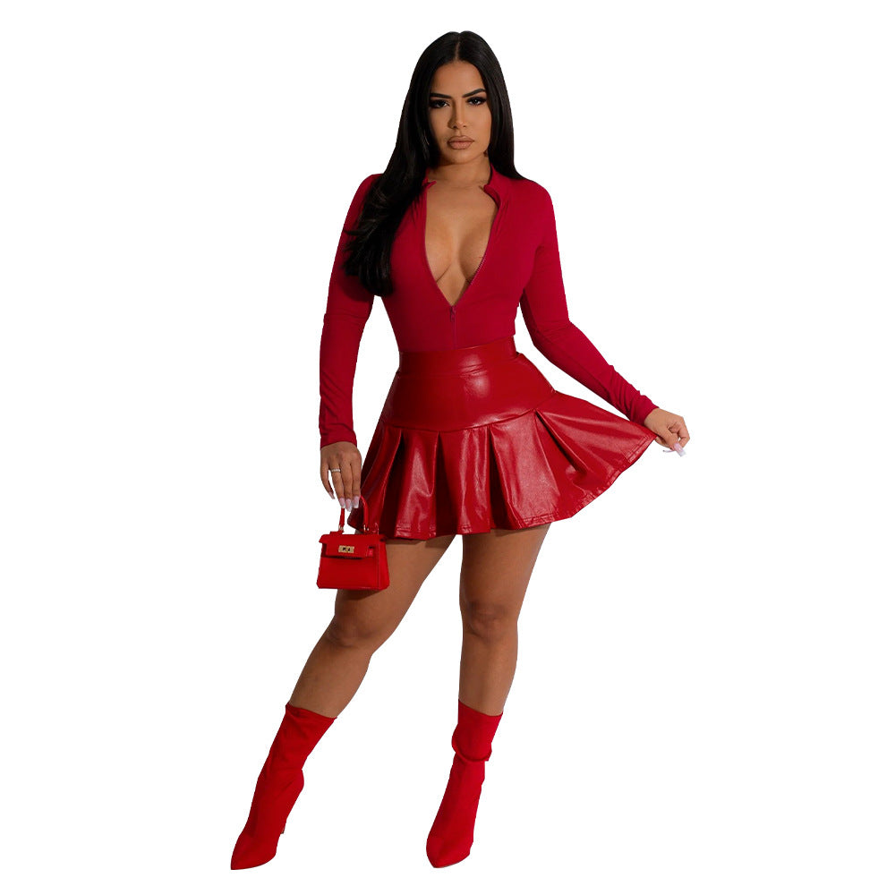 Fashion Women's Long Sleeve Slim Waist Bodysuit Pu Skirt Two Piece Set 7