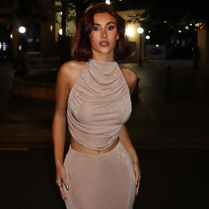 Autumn Solid Color Halter Neck Slim Fit Slim Pleated Low Back Top Skirt Women's Clothing 3