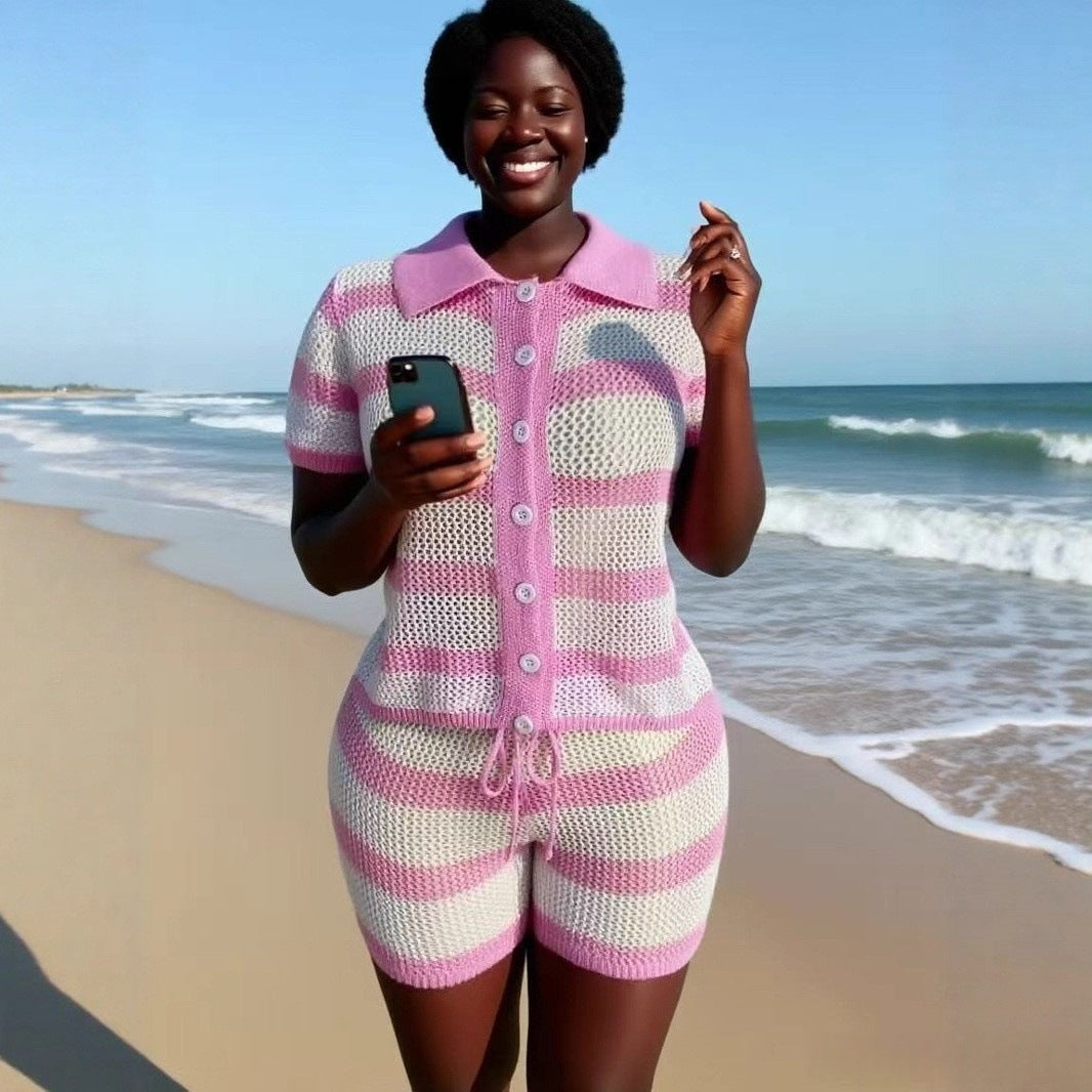 Knit Turn-Down Collar Stripe Loose-Fit Top & High-Waist Shorts Set 3