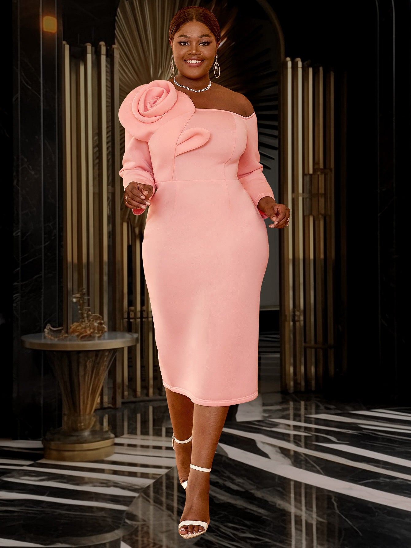 Solid Color Bell-Sleeve Back Slit Elegant Evening Gown 8