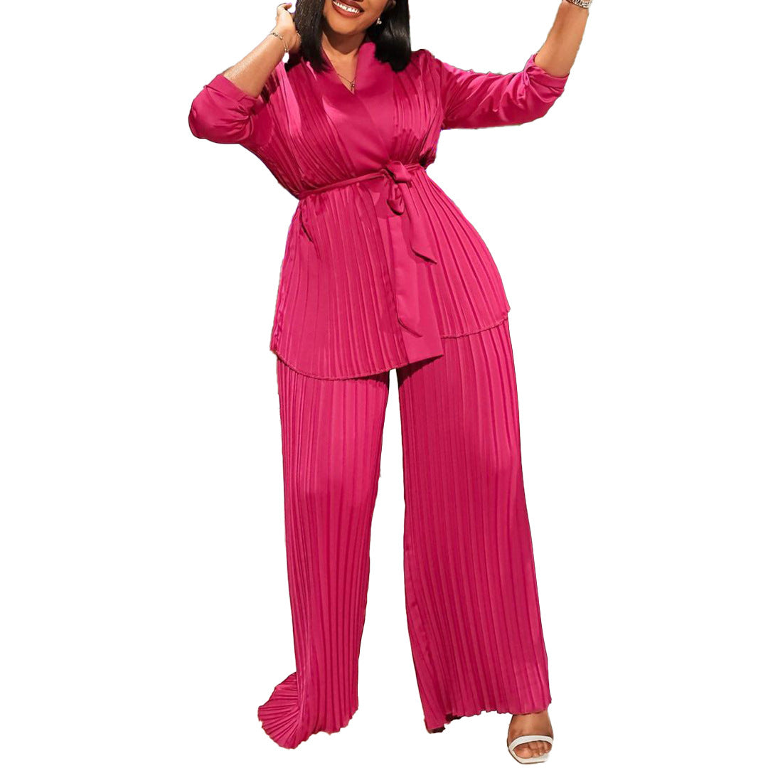 Women's Solid Color Pleated Loose Long Sleeve Lace-Up Shirt-Pants Two-Piece Set 9