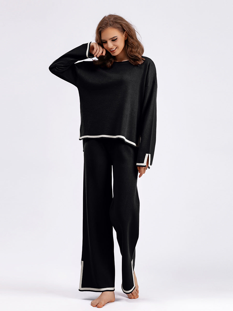 Autumn And Winter Chic Contrast Color Split Long Sleeve Knitting Top High Waist Wide Leg Pants Two-Piece Set 3