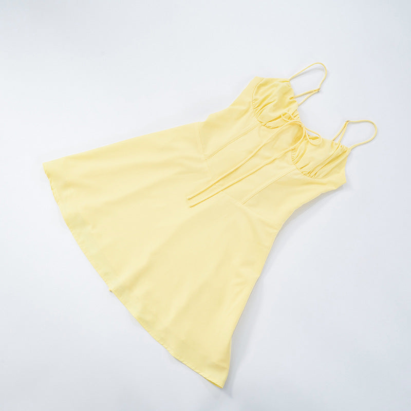 Women Lace Gathered Suspender Lace-Up Dress 12