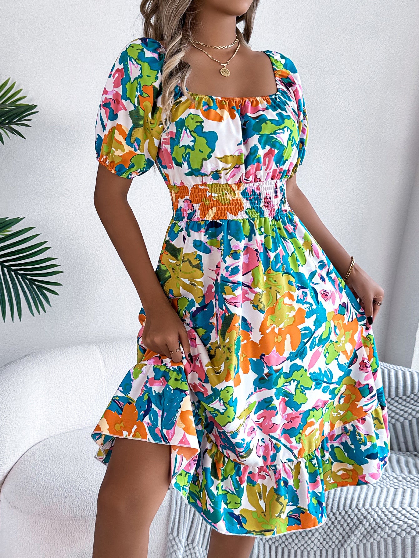 Women Spring and Summer Casual Flower Square Neck Short Sleeve Ruffle Dress 4