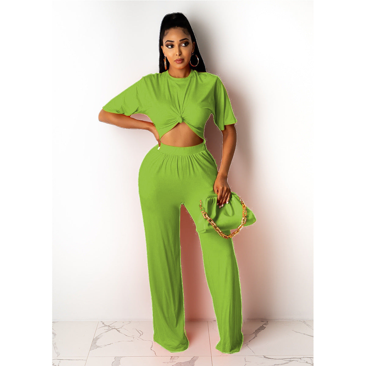 Fall Women's Solid Casual Loose Two Piece Short Sleeve Trousers 7