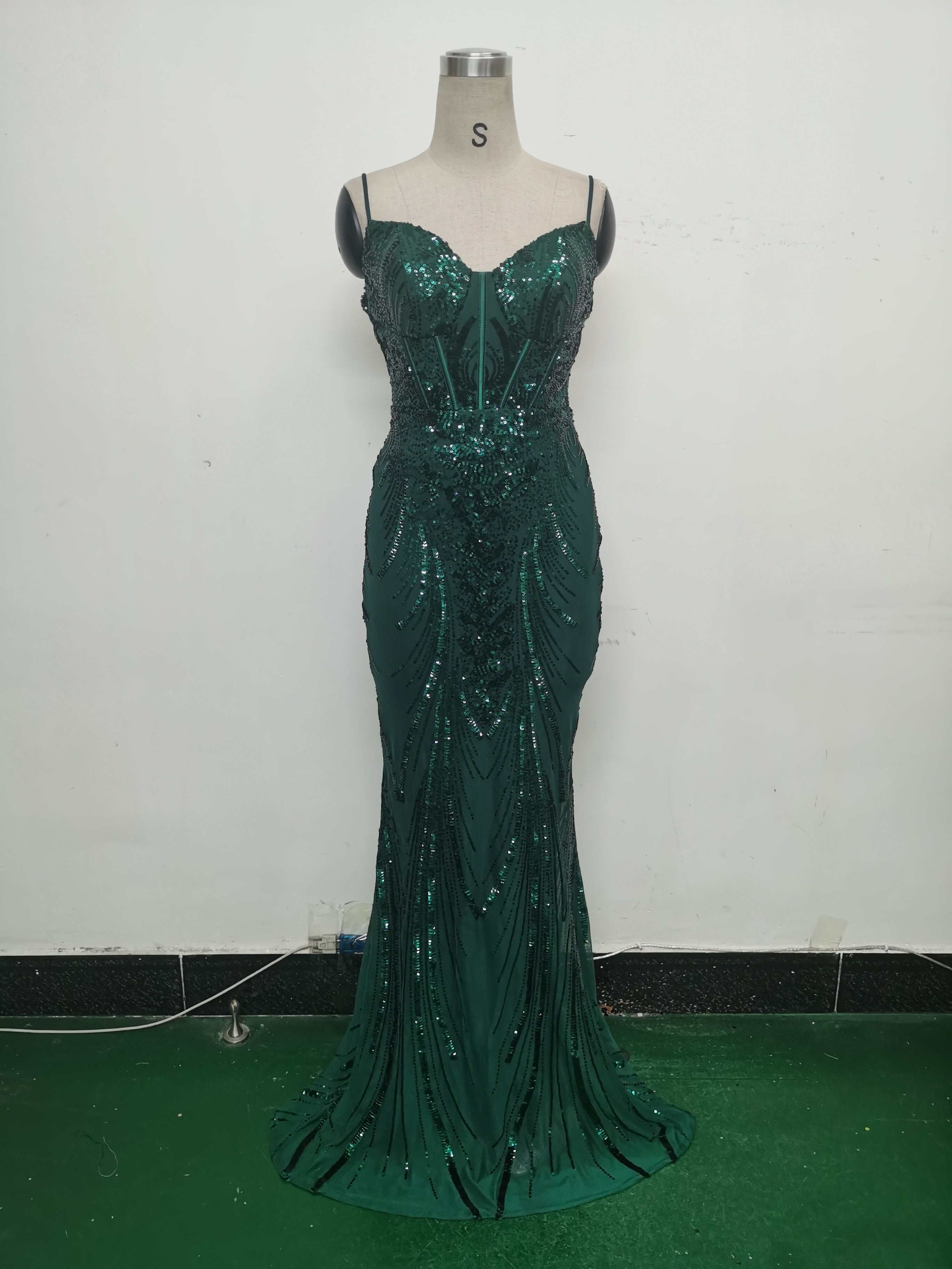 Women Fishbone Sequin Positioning Flower Evening Dress 38