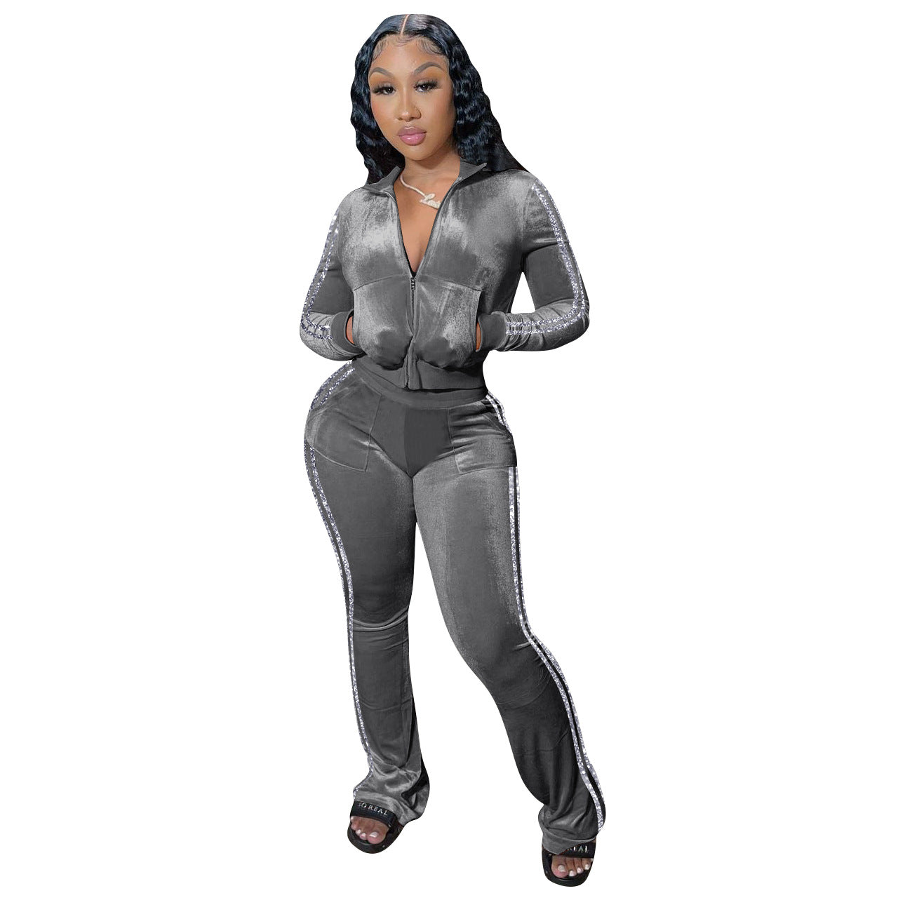 Women's Solid Velvet Casual Zip Top Wide Leg Pants Two Piece Tracksuit 5