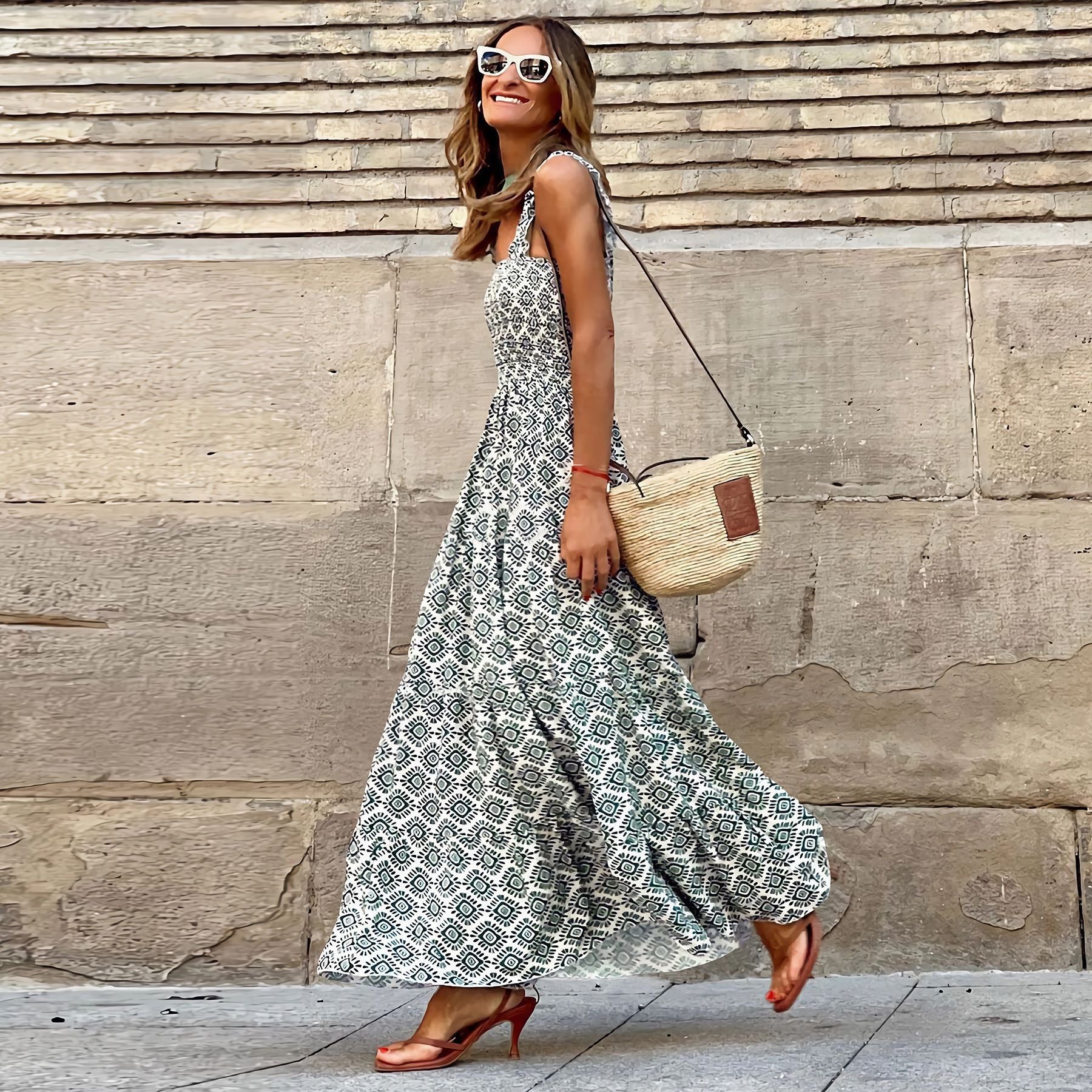 Summer Women's Printed Elastic Holidays Style Floral Strap Long Dress 9