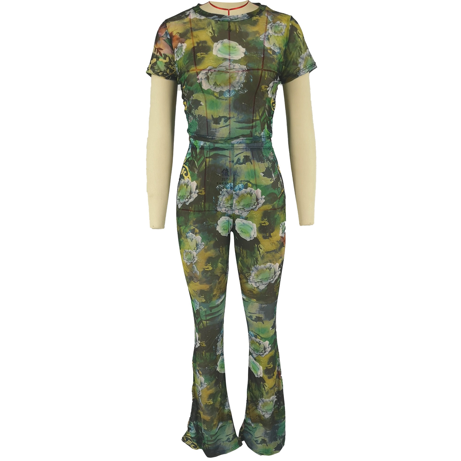 Women's Clothing Summer Fashion Print Round Neck Bootcut Pants Slim Sexy Two-Piece Set 10