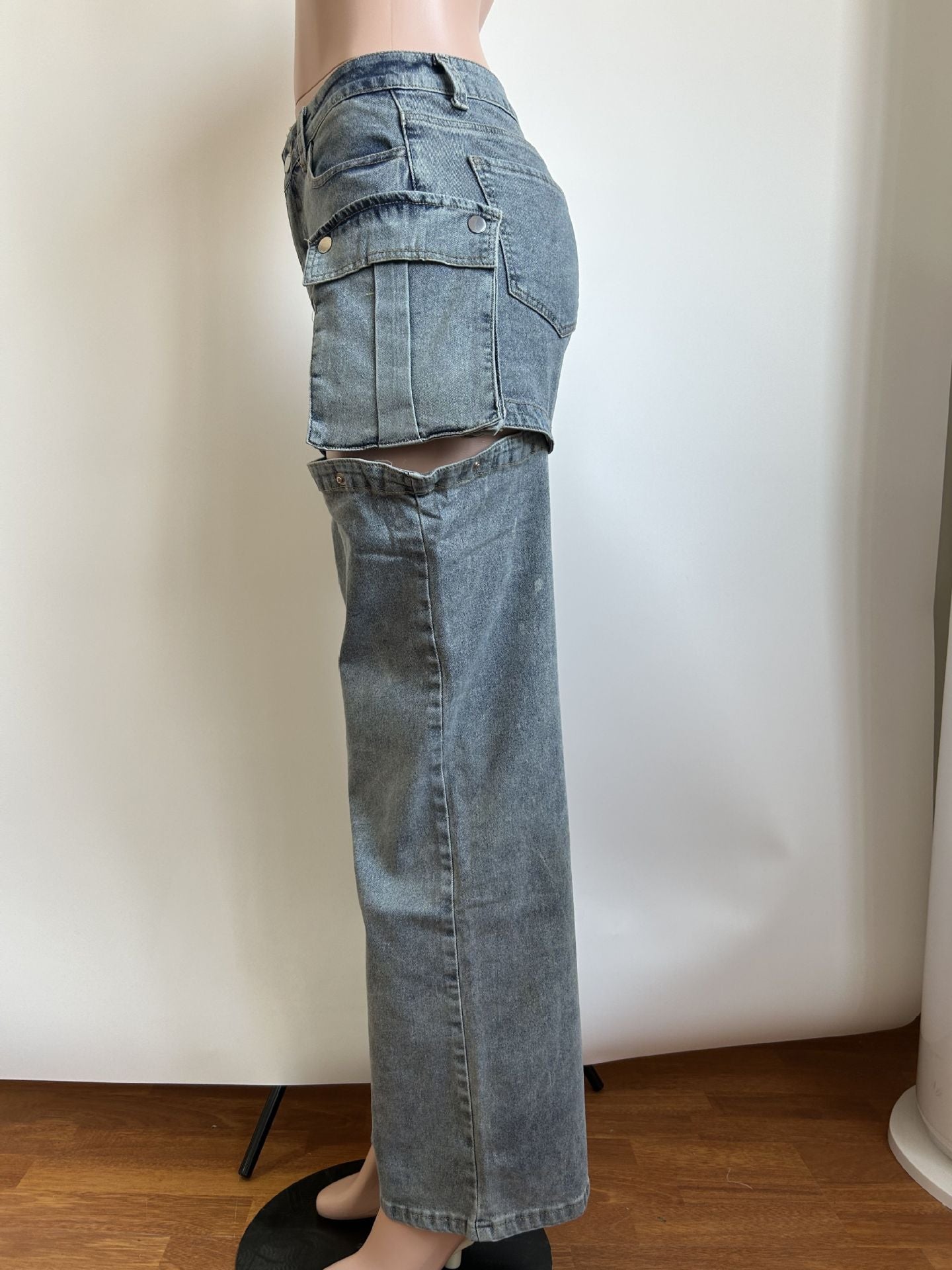 Women Removable Pockets Stretch Denim Pants 8