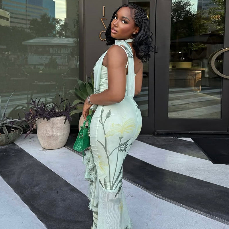 Women printed elegant ruffled Bodycon suspender sleeveless dress 5