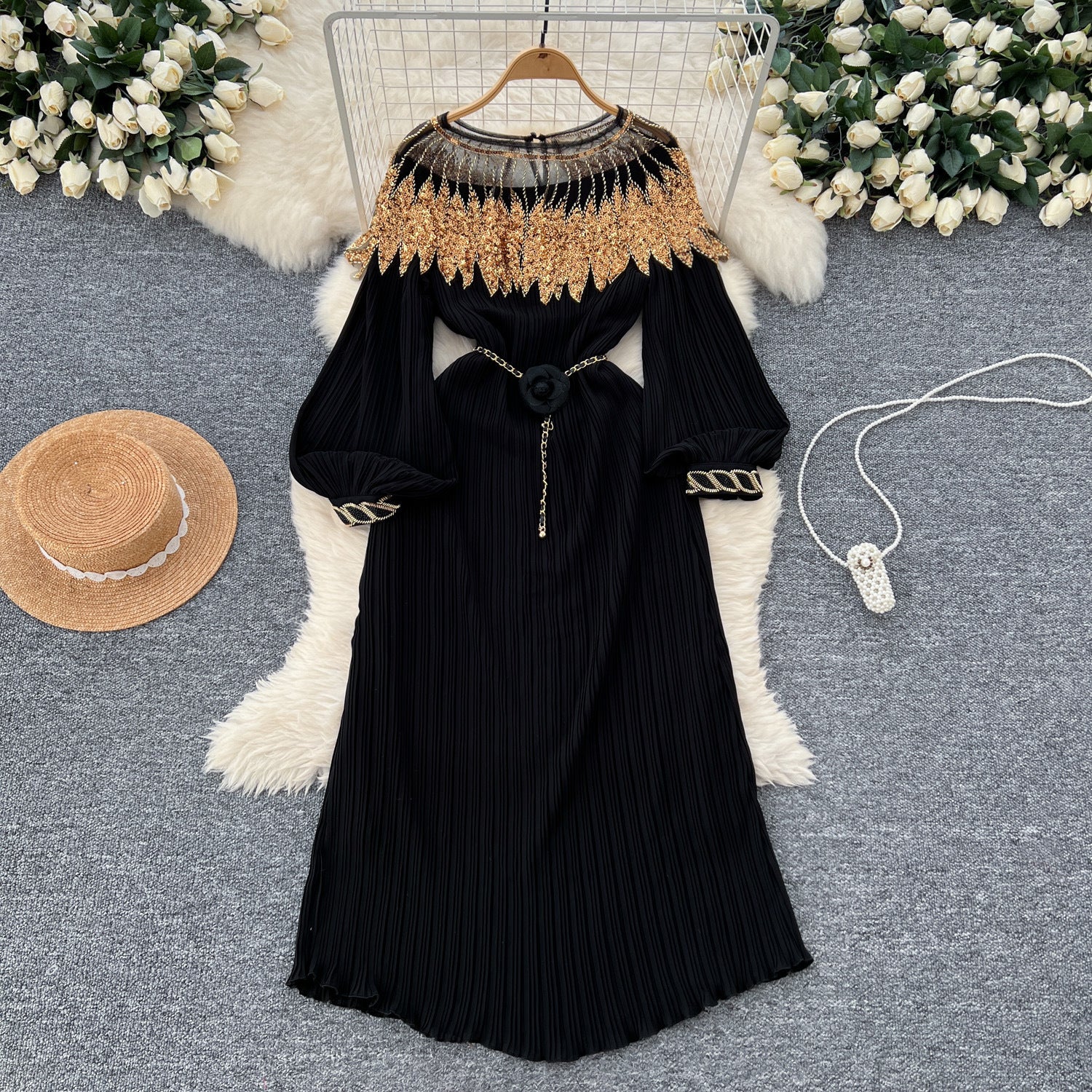 Luxury Sequin Cape Patch Slim Waist Pleated Loose Long Dress 15