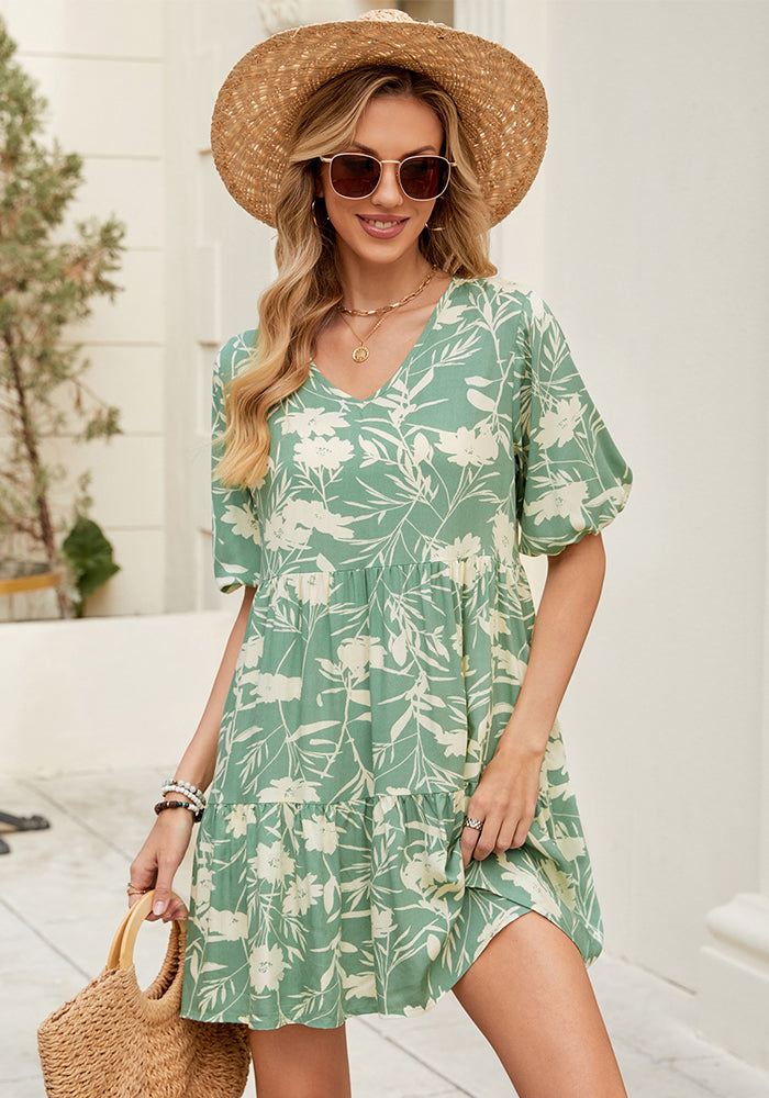 Women Print V Neck Short Sleeve Dress
