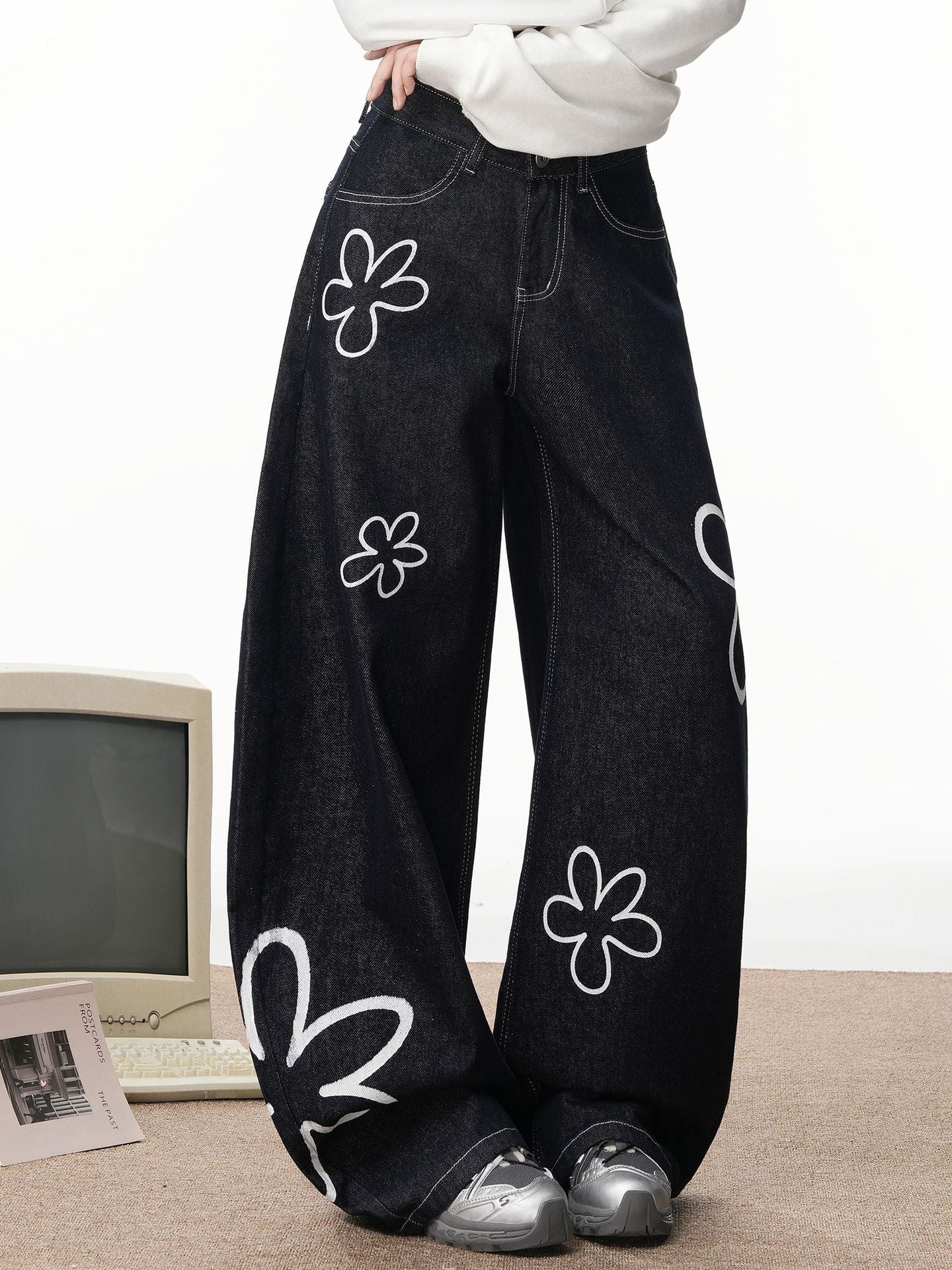 Women American Striped Floral Print Denim Pants 6