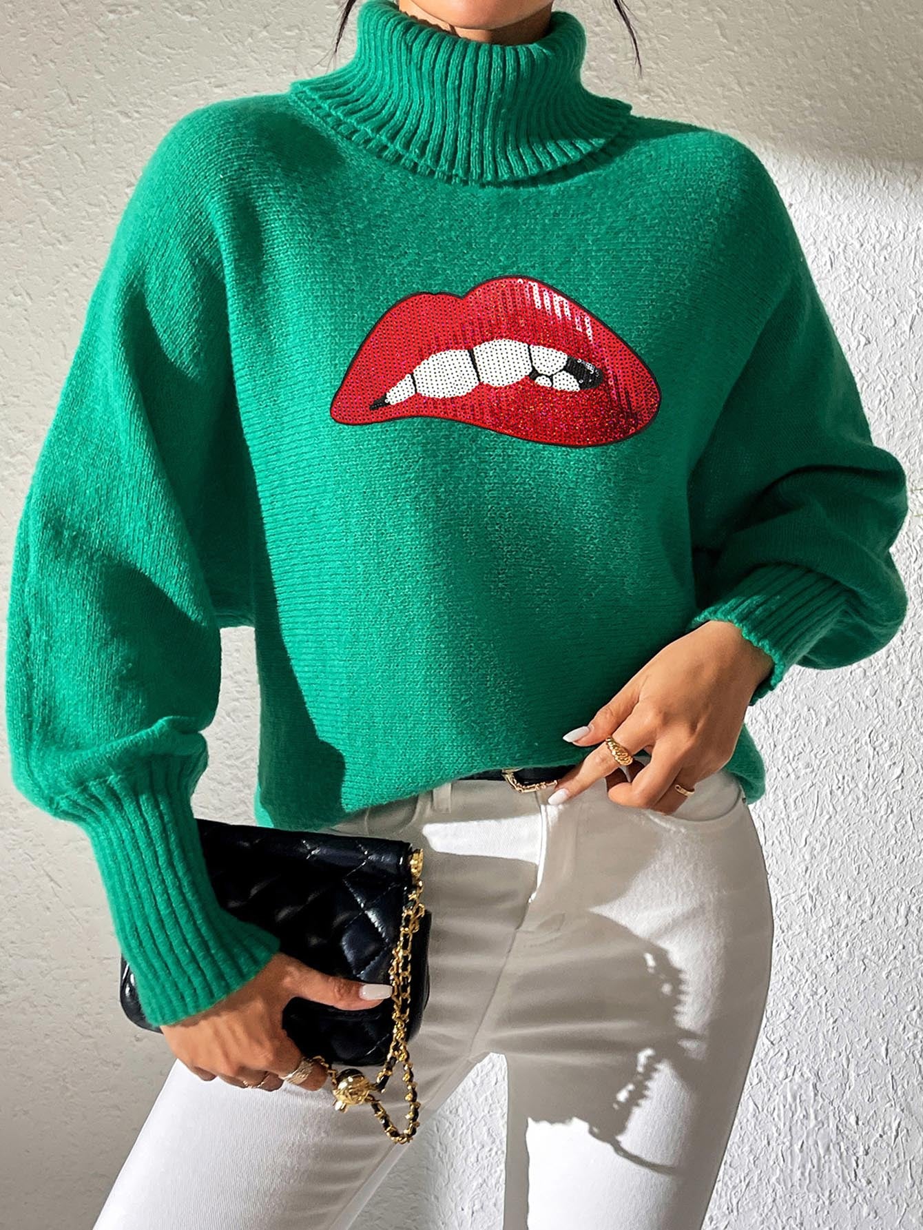 Autumn Winter Women's Sequin Lips Embroidery Turtleneck Pullover Sweater 12