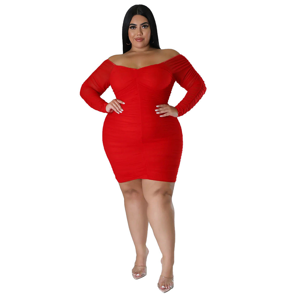Plus Size Women Fall Off Shoulder Long Sleeve Bodycon Dress 8