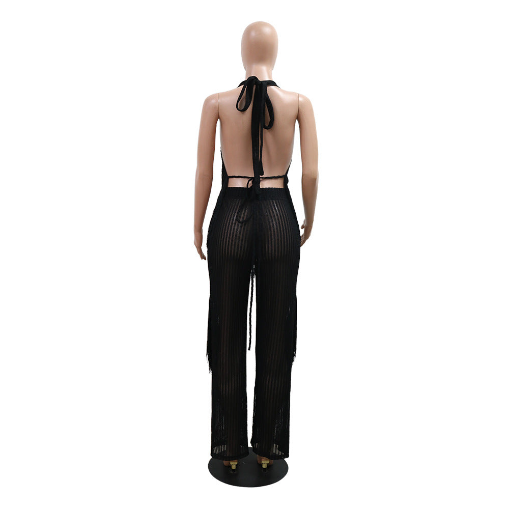 Women Halter Neck lace-up sleeveless Backless Top and sexy tassel trousers 12