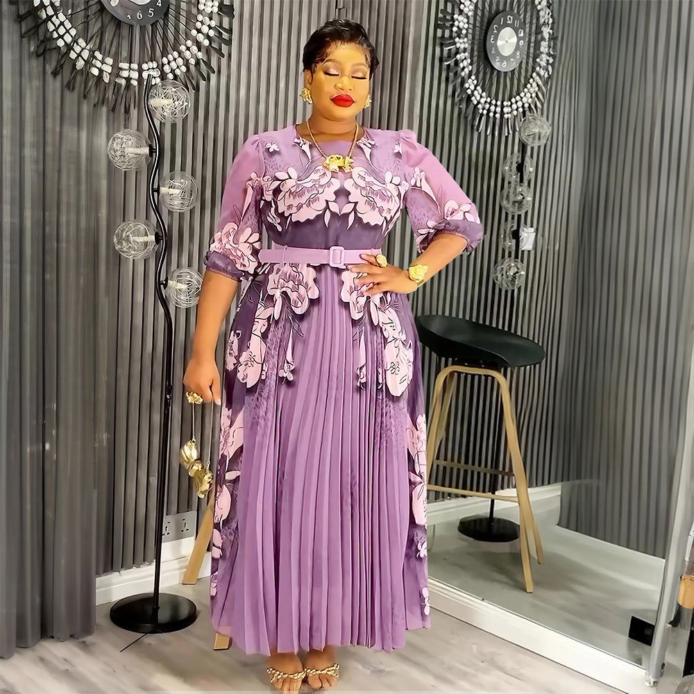 Elegant Long Dress Africa Women's Plus Size Print Pleated Chiffon Dress 5