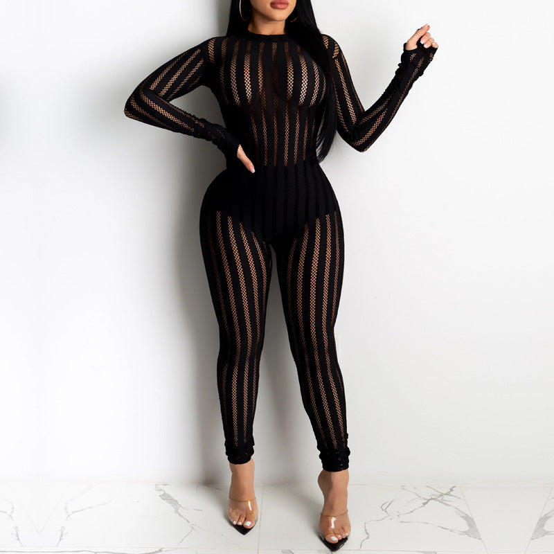Striped Mesh Patchwork Casual Sexy Stretch Jumpsuit 7