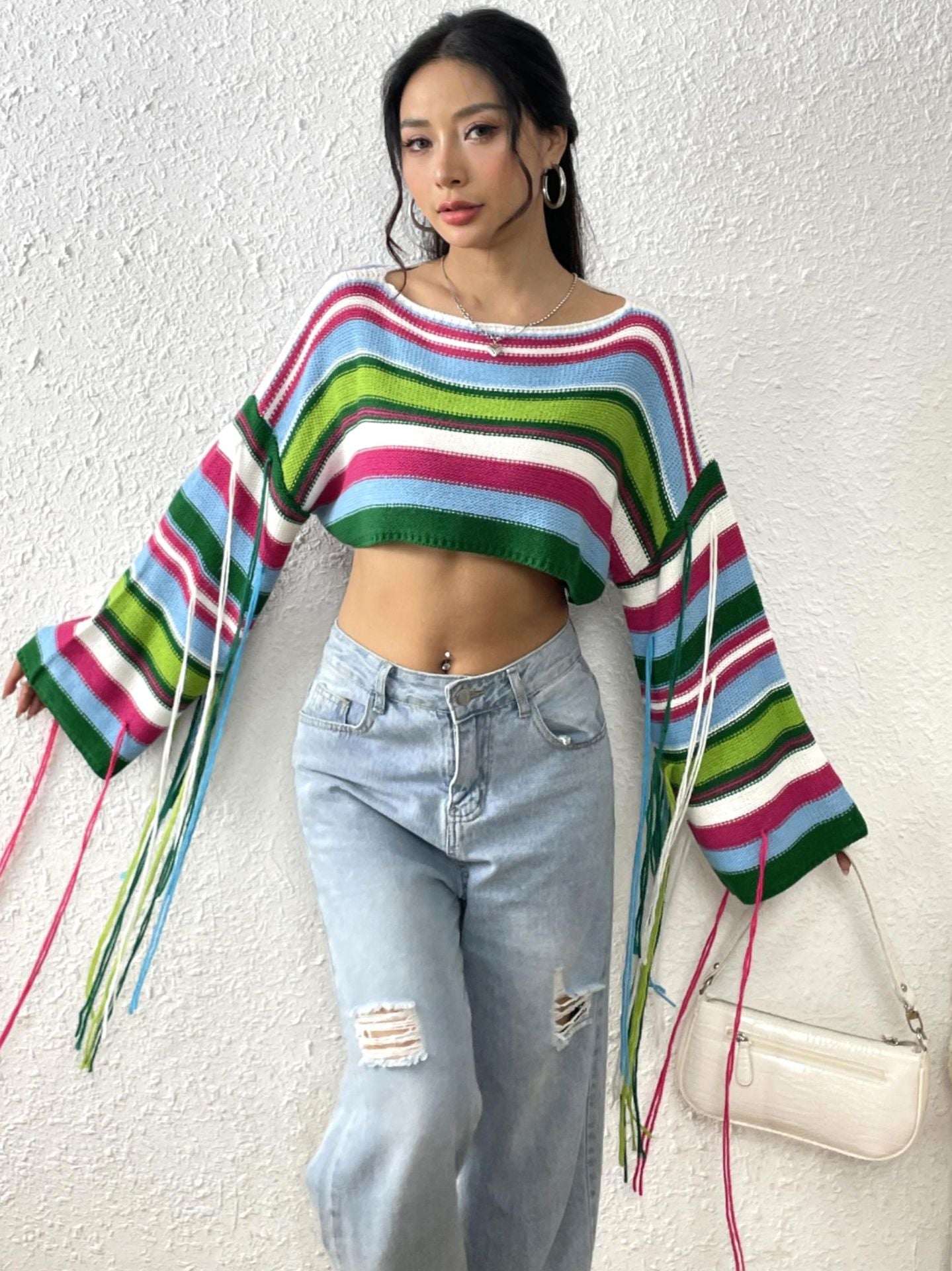 Women Rainbow Stripe Tassel Crop Loose Sweater