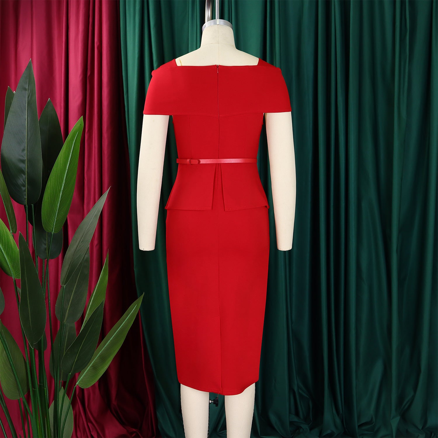 African Women's Solid Color High-Waist Ruffle Short-Sleeve Square-Neck Bodycon Pencil Dress 15